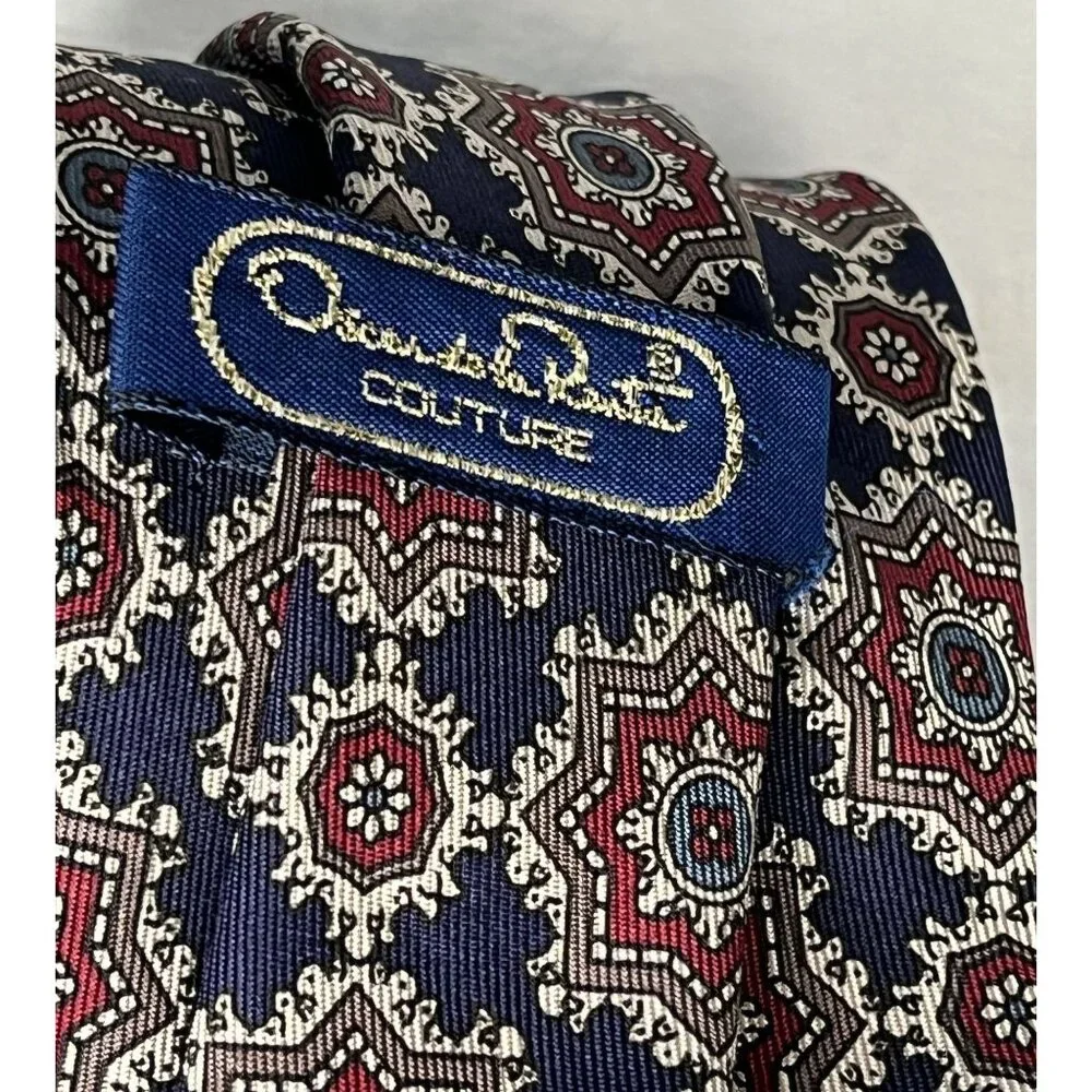 Oscar De La Renta Couture 100% Silk Red Blue Brown & White Geometric Men's Tie - Picture 3 of 10
